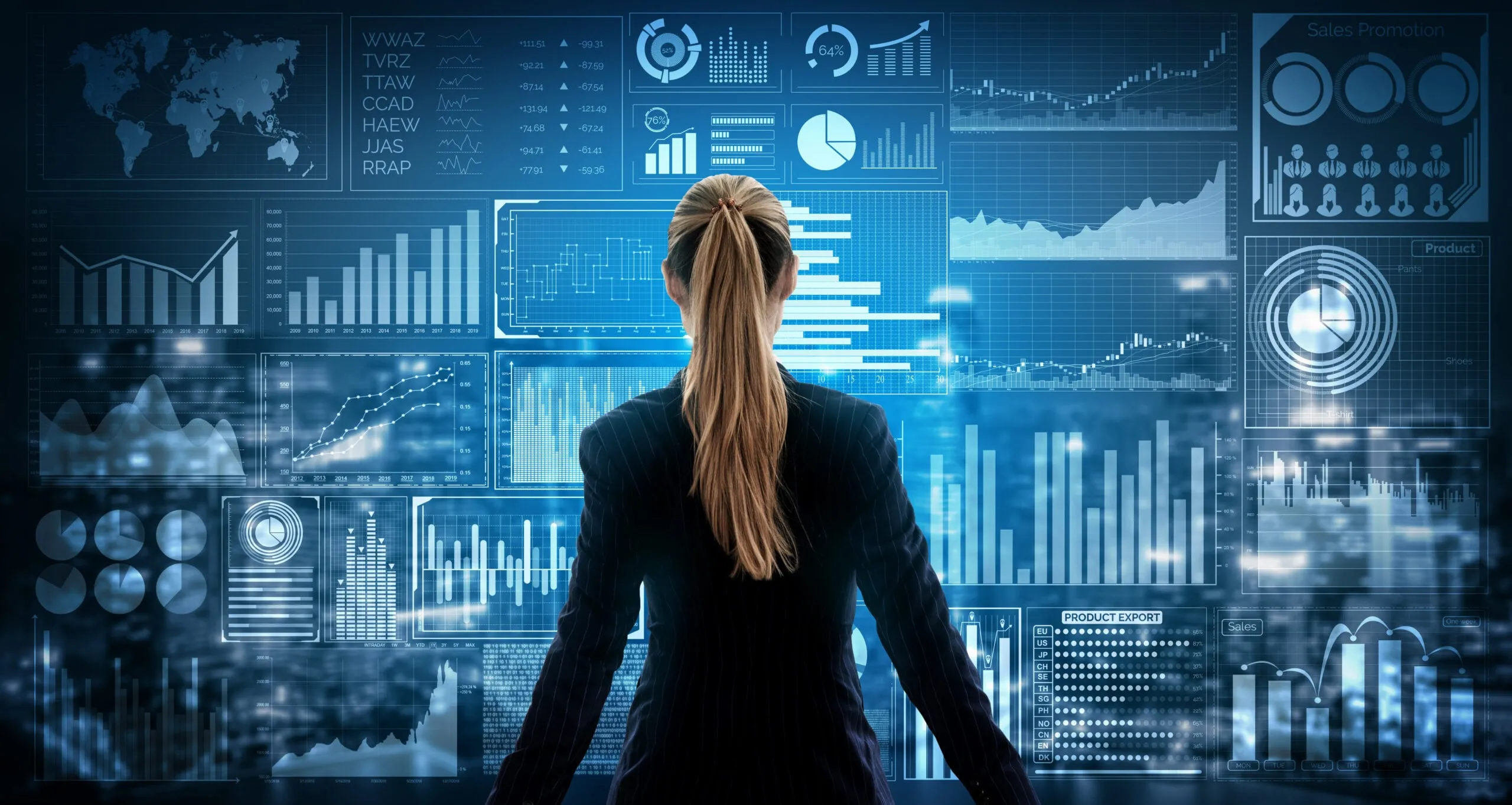 A woman viewed from behind studies a large wall of illuminated dashboards filled with charts, bar graphs, and data visualizations — representing data-driven decision making.