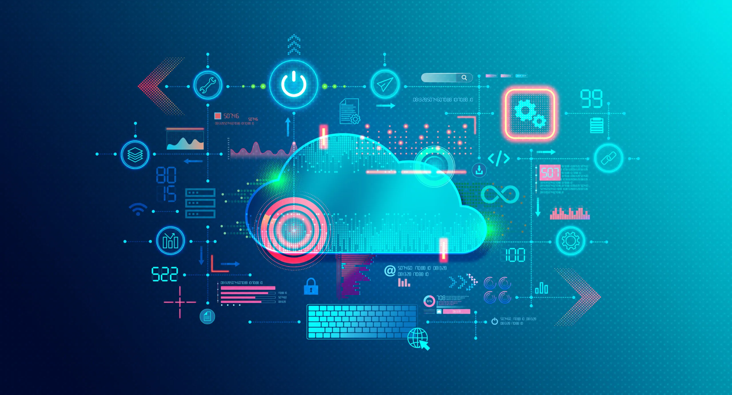 Abstract illustration of a cloud icon surrounded by interconnected technology symbols — gears, charts, servers, keyboards, and data flows — against a deep-blue background.