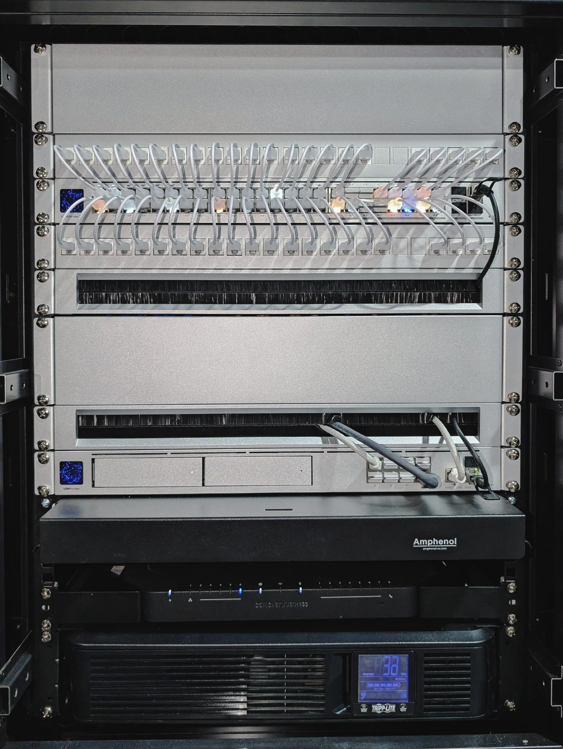 A network cabinet with small business IT networking equipment installed by Byte Clarity